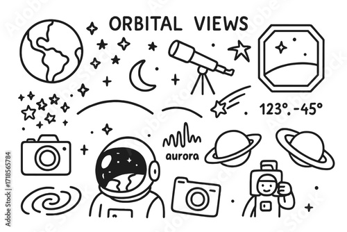 Space Exploration Icons. Hand-drawn doodle illustration Orbital Views Earth, moon, star cluster, telescope, station window, shooting star, curved horizon,