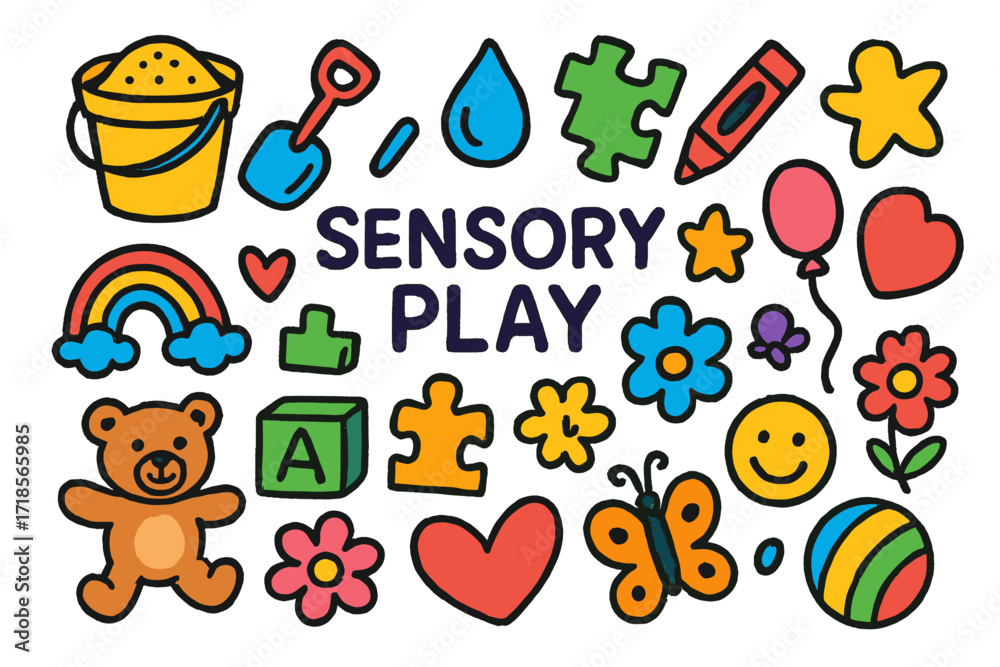 Fototapeta premium Children's Play Icons. Colorful Hand-drawn doodle Children illustration Sensory play sand bucket, shovel, water droplet, crayon, puzzle piece, block, teddy