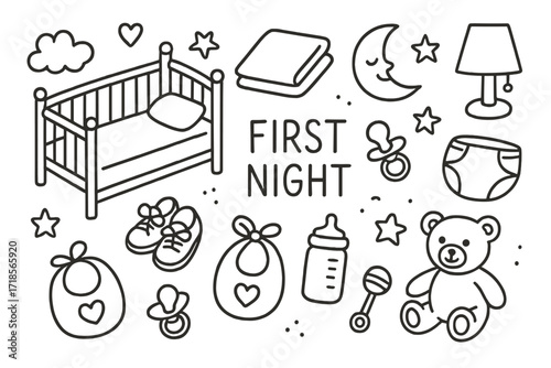 Baby's First Night. Hand-drawn doodle illustration First night crib, blanket, pillow, baby shoes, pacifier, bottle, diaper, bib, rattle, teddy bear, heart,