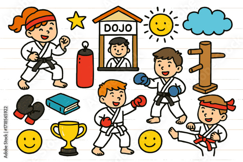 Karate Kids Doodle. Colorful Hand-drawn doodle Children illustration Karate Training [karate gi, black belt, white belt, red belt, gloves, headband, dojo,