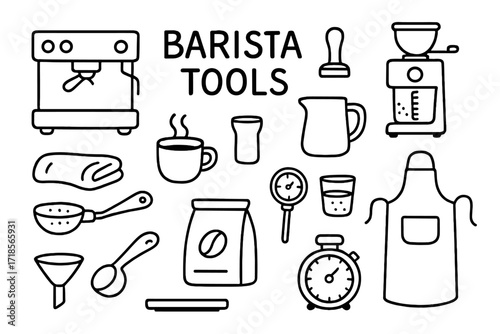 Barista Tools Doodle. Hand-drawn doodle illustration [Barista tools] [espresso machine, tamper, milk frother, grinder, coffee cup, jug, thermometer, shot
