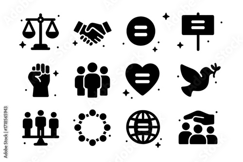 Equality Icon Set. Social Equality. Solid icons set of justice scale, handshake, equality symbol, protest sign, raised fist, diverse group, heart with equal