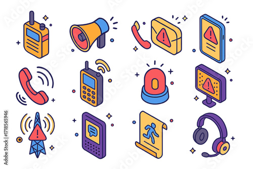 Emergency Communication Icons. Colorful isometric vector icons set of emergency communication tools: walkie-talkie, public announcement speaker, SMS alert