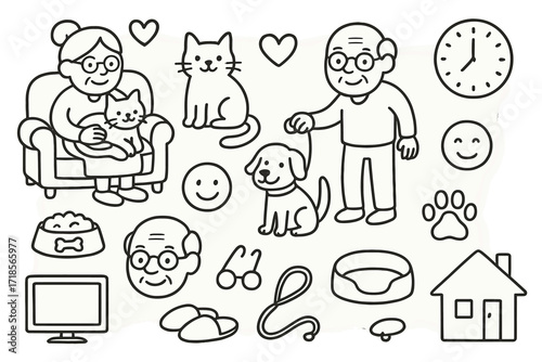 Seniors Bond with Pets. Hand-drawn doodle illustration [seniors bonding with new pets] [cat, dog, heart, sofa, elderly person, food bowl, leash, slippers, TV,