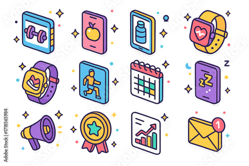 Colorful Fitness App Icons. Colorful isometric vector icons set of Fitness App Features: workout log, calorie counter, water intake tracker, heart rate