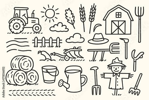 Rural Harvest Icons. Hand-drawn doodle illustration Rural harvest scene, tractor, plow, wheat stalks, hay bales, barn, farmer hat, pitchfork, wheel tracks,