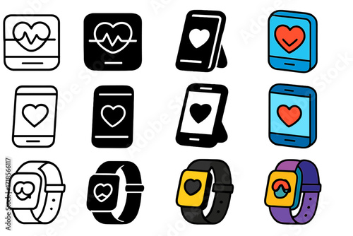 Health Tech Icon Set. Icon Set of Health Monitoring Tech: Heart rate monitor, Mobile health app, Wearable tracker. Icons set in vector style, emblematic