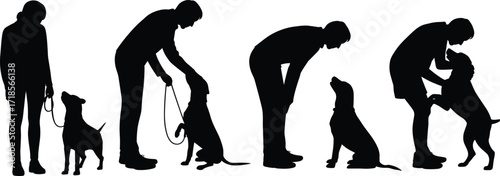 Dog training silhouette icons, human pet interaction set, obedience and bonding graphic, black and white design, isolated vector, animal behavior illustration
