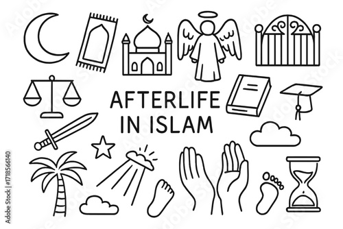 Islamic Afterlife Symbols. Hand-drawn doodle illustration [Afterlife in Islam] crescent moon, prayer rug, mosque, angel, gate, book, scales of justice, sword,