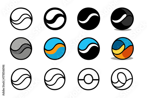 Waves Harmony Logo. Set Logo of Harmony: Two waves forming a circle. Logo set in vector style, emblematic variations. line, bold thick line, solid black