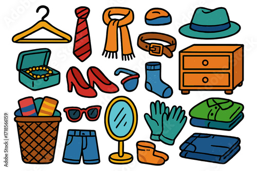 Doodle Wardrobe Accessories. Colorful Hand-drawn doodle Children illustration Wardrobe accessories [hangers, ties, scarves, hats, belts, jewelry box, drawers,