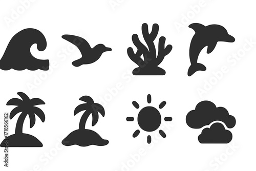 Yacht Icon Set. Solid, filled icon set of yacht environmental elements: ocean wave, seagull, coral reef, dolphin, palm tree, island, sun, clouds. Solid, filled