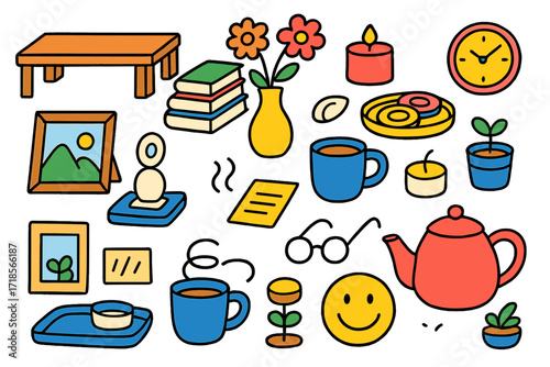 Colorful Coffee Table Doodles. Colorful Hand-drawn doodle Children illustration Coffee Table Decor coffee table, book pile, flower vase, coasters, tray,