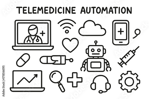 Telemedicine Automation Doodle. Hand-drawn doodle illustration Telemedicine automation [laptop, smartphone, cloud, WiFi symbol, doctor figure, stethoscope,