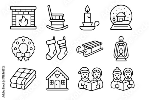 Old-Fashioned Holiday Icons. Old-fashioned holidays. Line icon set of old-fashioned holidays: fireplace, rocking chair, candle, snow globe, clock, wreath,
