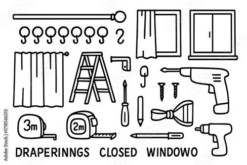 Curtain Installation Doodle. Hand-drawn doodle illustration hanging new curtains curtain rod, fabric panel, drapery rings, hooks, finial, step ladder, tape