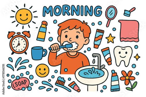 Morning Toothbrushing Doodle. Colorful Hand-drawn doodle Children illustration Morning Toothbrushing routine toothbrush, toothpaste, alarm clock, sun, cup,