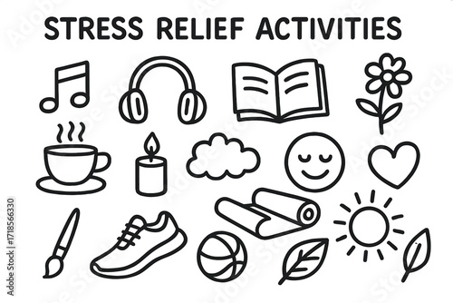 Stress Relief Doodles. Hand-drawn doodle illustration Stress relief activities [music note, headphones, book, teacup, candle, flower, cloud, heart, smiling