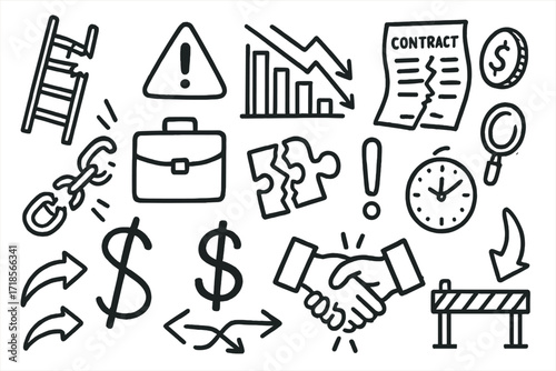 Business Pitfalls Icons. Hand-drawn doodle illustration business pitfalls broken ladder, warning triangle, bar chart down, falling coin, briefcase, contract
