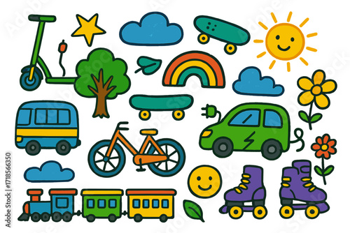 Eco Transport Doodles. Colorful Hand-drawn doodle Children illustration eco transport scooter, skateboard, roller skates, bicycle, bus, train, electric car,