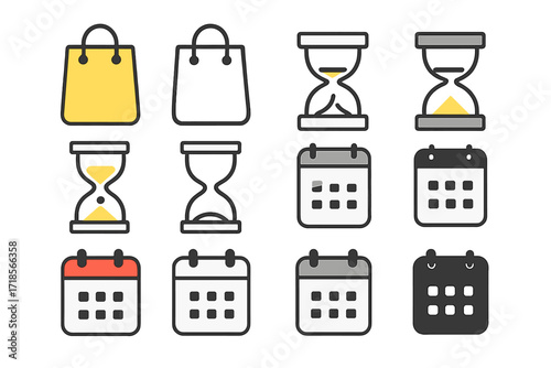 Uniform Icon Grid. Three rows: each row shows one object in variations. All icons equally spaced in a ? grid ( per row). Uniform icon size. No text.