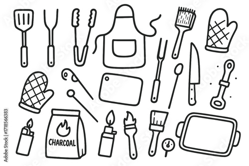 Barbecue Tools Illustration. Hand-drawn doodle illustration barbecue tools spatula, tongs, fork, grill brush, apron, oven mitt, cutting board, knife, skewer,