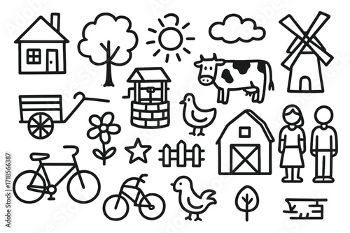 Charming Village Icons. Hand-drawn doodle illustration village life house, tree, sun, cloud, cow, chicken, water well, cart, bicycle, flower, star, fence,