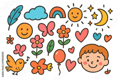 Whimsical Children's Doodle. Colorful Hand-drawn doodle Children illustration Gentle Breeze feather, cloud, rainbow, sun, moon, stars, sparkles, flower,