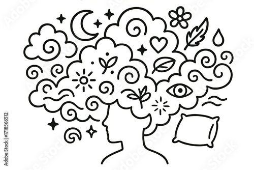 Dreamy Cloud Doodle. Hand-drawn doodle illustration Dreamy Clouds Swirling Around a Person?s Head [person silhouette, swirling cloud, star, moon, sparkle,