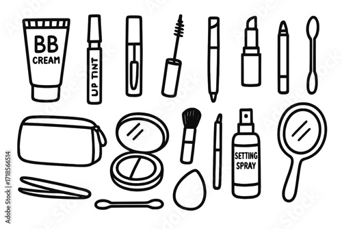 Makeup Essentials Doodle. Hand-drawn doodle illustration daily makeup essentials BB cream tube, lip tint, mascara, brow pencil, compact mirror, small brush,