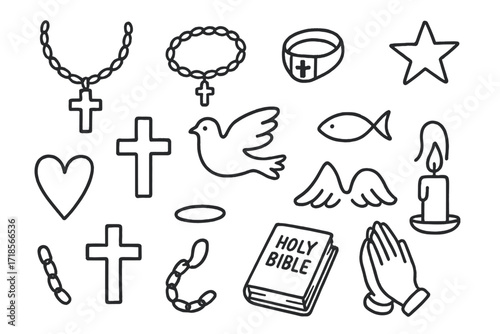 Christian Symbol Doodles. Hand-drawn doodle illustration Christian jewelry necklace, bracelet, ring, pendant, cross, dove, fish symbol, star, heart, Bible,