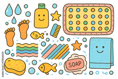 Playful Bath Time Doodles. Colorful Hand-drawn doodle Children illustration Shower mat designs droplets, suction dots, tiny fish, bubbles, rubber edge, smiley