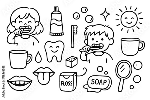 Dental Hygiene Doodles. Hand-drawn doodle illustration Kids brushing teeth toothpaste tube, small toothbrush, smiling tooth, bubbles, cup, droplet, star