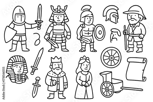 Historical Figurines Line Art. Historical figurines. Hand-drawn doodle illustration historical figurines knight, samurai, soldier, gladiator, pharaoh, king,