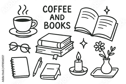 Coffee, Books, and Doodles. Hand-drawn doodle illustration Coffee and Books [coffee cup, saucer, steam, open book, stack of books, glasses, bookmark, notebook,