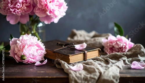 Fototapeta Naklejka Na Ścianę i Meble -  Pink blooms & aged book on rustic wood