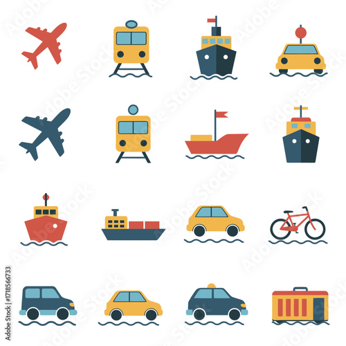 A colorful set of flat design icons showing various modes of transportation like planes, trains, ships, and cars.