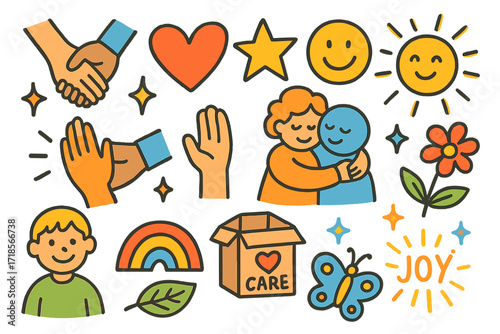 Joyful Doodle Friendship. Colorful Hand-drawn doodle Children illustration Support and kindness holding hands, heart, star, smiley faces, helping hand, hug,
