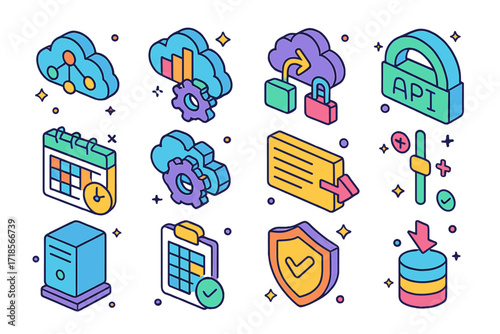 Colorful Cloud Icon Set. Colorful isometric vector icons set of cloud workload orchestration: cloud node, autoscaler icon, cloud functions icon, API gateway,