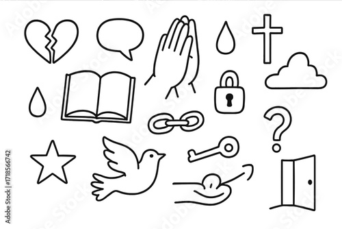 Guilty Confession Icons. Hand-drawn doodle illustration Guilty confession broken heart, hands together, book, speech bubble, tear drop, candle, cross, cloud,