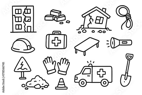 Earthquake Aftermath Icons. Hand-drawn doodle illustration earthquake aftermath cracked building, fallen bricks, broken window, collapsed house, rescue helmet,