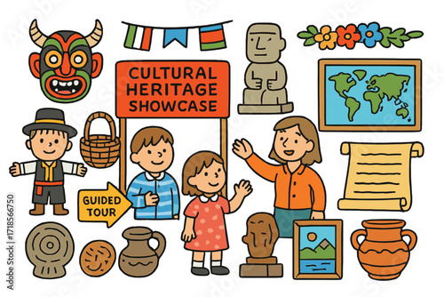 Cultural Heritage Showcase. Colorful Hand-drawn doodle Children illustration Cultural Heritage Showcase folk costume, traditional mask, woven basket,