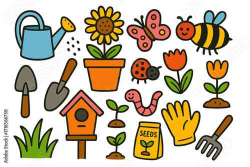 Whimsical Garden Doodles. Colorful Hand-drawn doodle Children illustration Garden Life watering can, flower pot, shovel, butterfly, ladybug, bee, tulip,