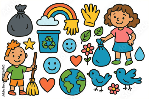 Community Cleanup Doodles. Colorful Hand-drawn doodle Children illustration Community Cleanup [trash bag, recycling bin, gloves, broom, star, rainbow, sun,