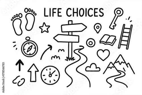 Life's Journey Symbols. Hand-drawn doodle illustration Life choices, crossroads, signpost, footprints, compass, key, ladder, book, arrow, heart, star, cloud,