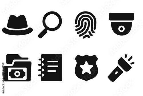 Corruption Investigation Icons. Solid, filled icon set of corruption investigation: detective hat, magnifying glass, fingerprint, spy camera, secret files,