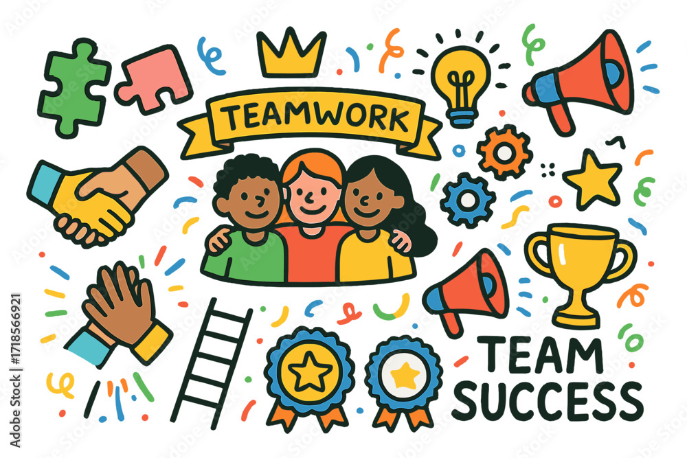 Fototapeta premium Teamwork Triumph Doodle. Team Success. Colorful Hand-drawn doodle Children illustration Team Success puzzle pieces, handshake, group hug, smiling people,