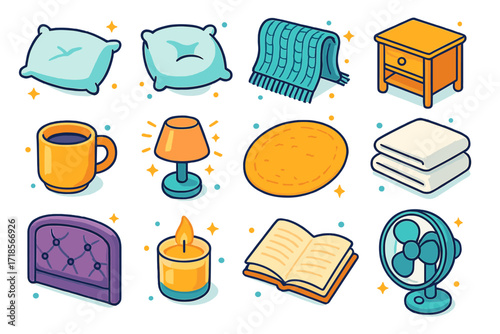 Cozy Bedroom Icons. Colorful isometric vector icons set of cozy bedroom details: fluffy pillow, head indentation, knit throw, wooden nightstand, ceramic mug,