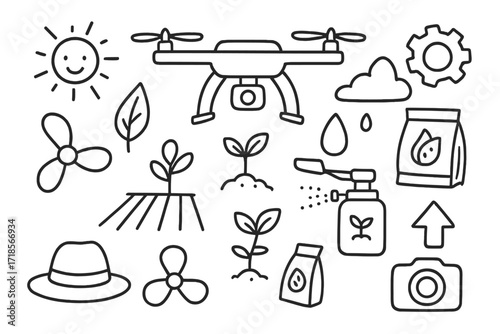 Agricultural Drones Doodle. Hand-drawn doodle illustration agricultural drones drone, crop field, propeller, leaf, droplet, sun, plant, seed packet, fertilizer