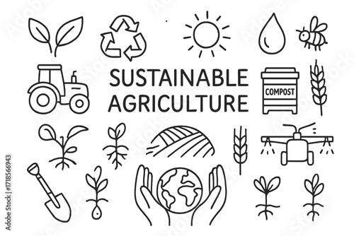 Sustainable Farming Doodles. Hand-drawn doodle illustration Sustainable Agriculture leaves, recycle symbol, tractor, compost bin, water droplet, sun, field